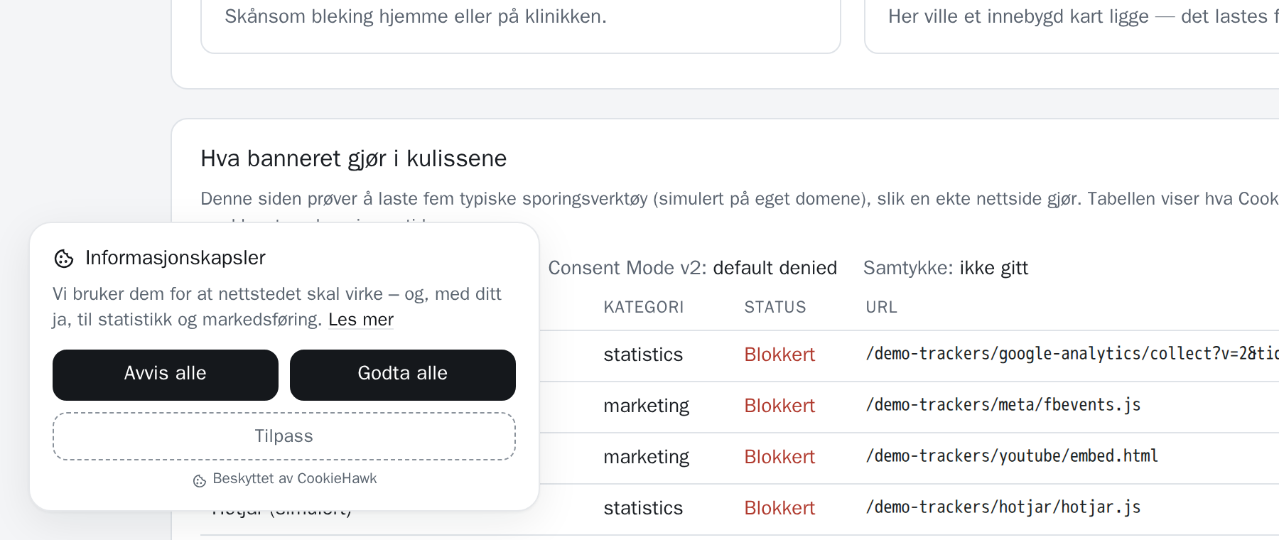 Vårt samtykkebanner vist på en nettside