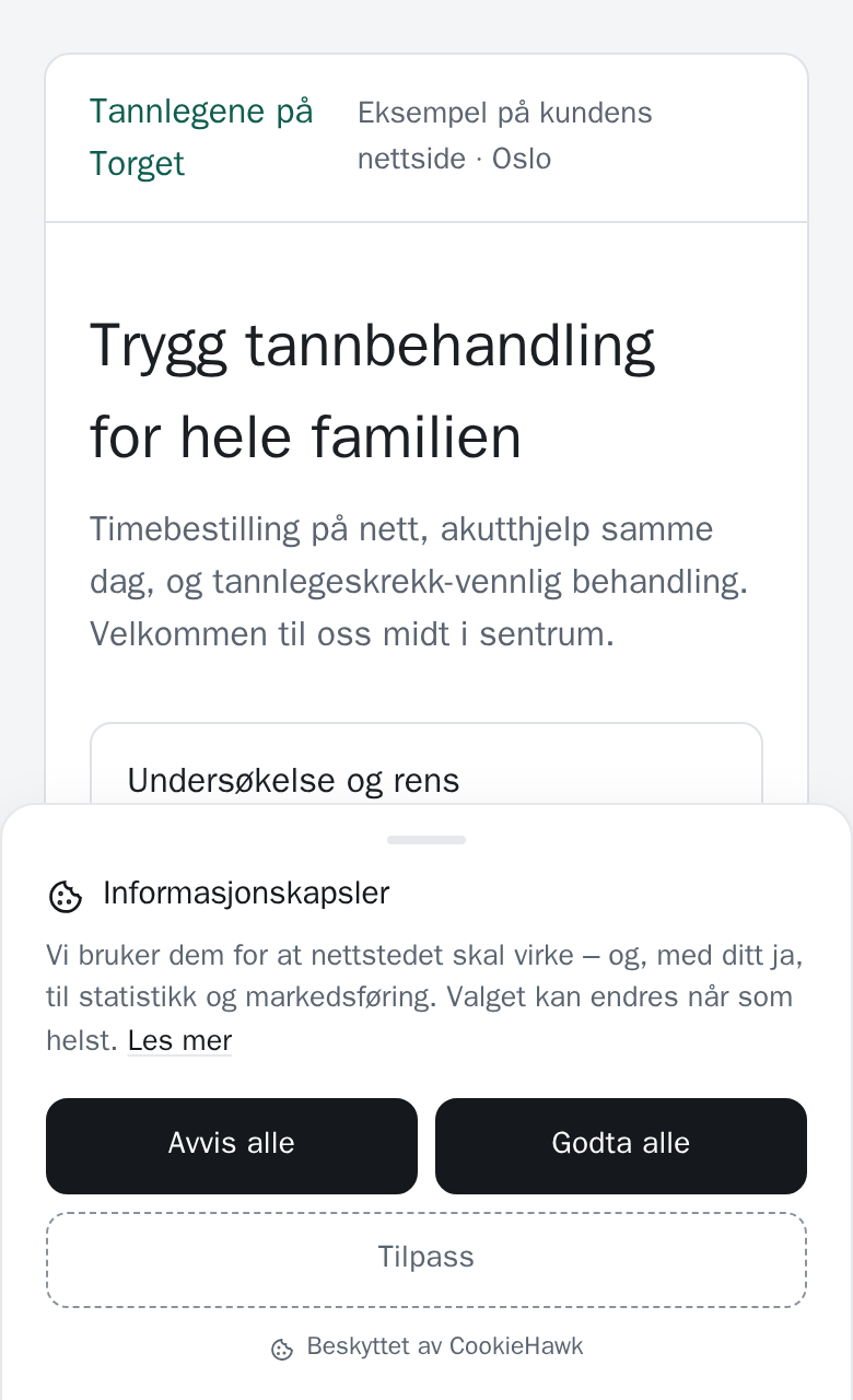 Banneret på mobil med knappene Avvis alle, Godta alle og Tilpass